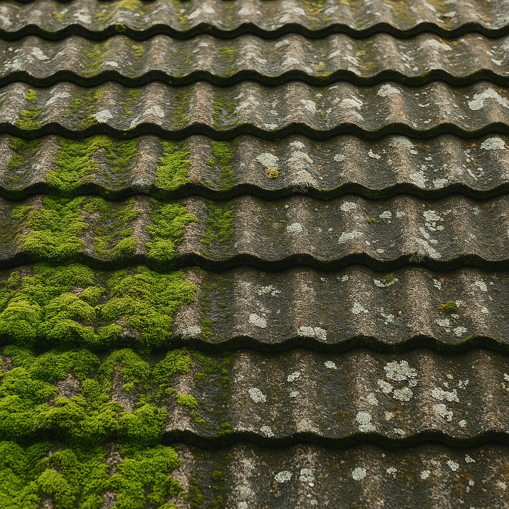 Moss, algae and lichen on a roof near Midsomer Norton before cleaning